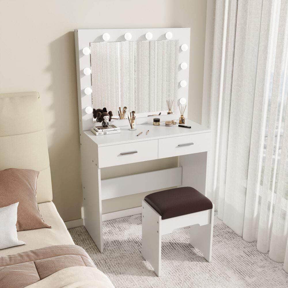 Vanity Set With Cushioned Stool And Lighted Mirror- White
