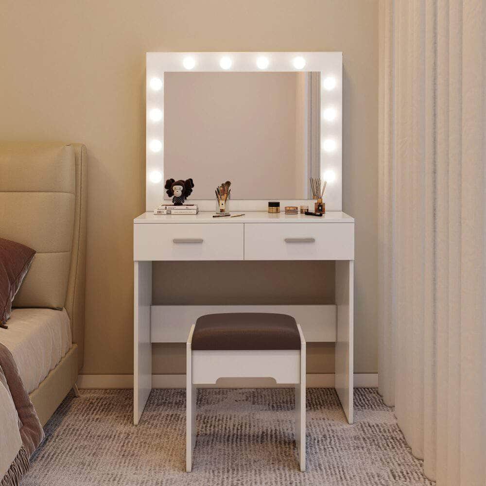 Vanity Set With Cushioned Stool And Lighted Mirror- White