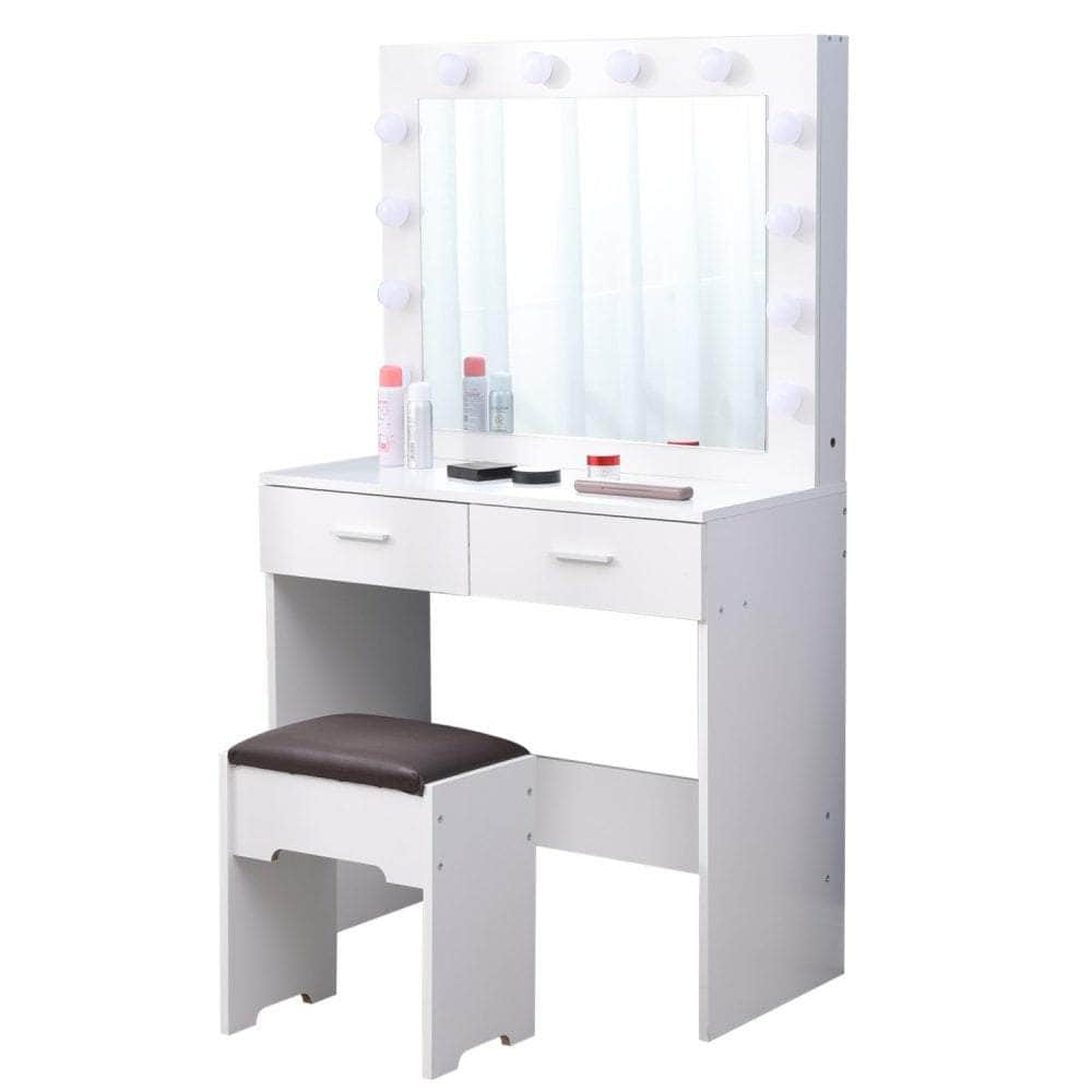 Vanity Set With Cushioned Stool And Lighted Mirror- White