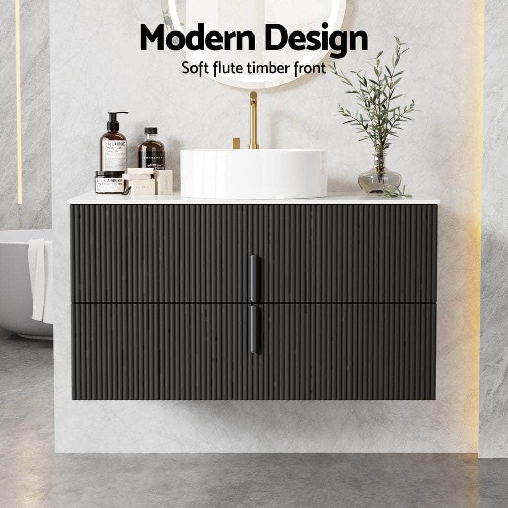 Vanity Unit 900mm Bathroom Cabinet Storage Wall Hung Black Timber Front