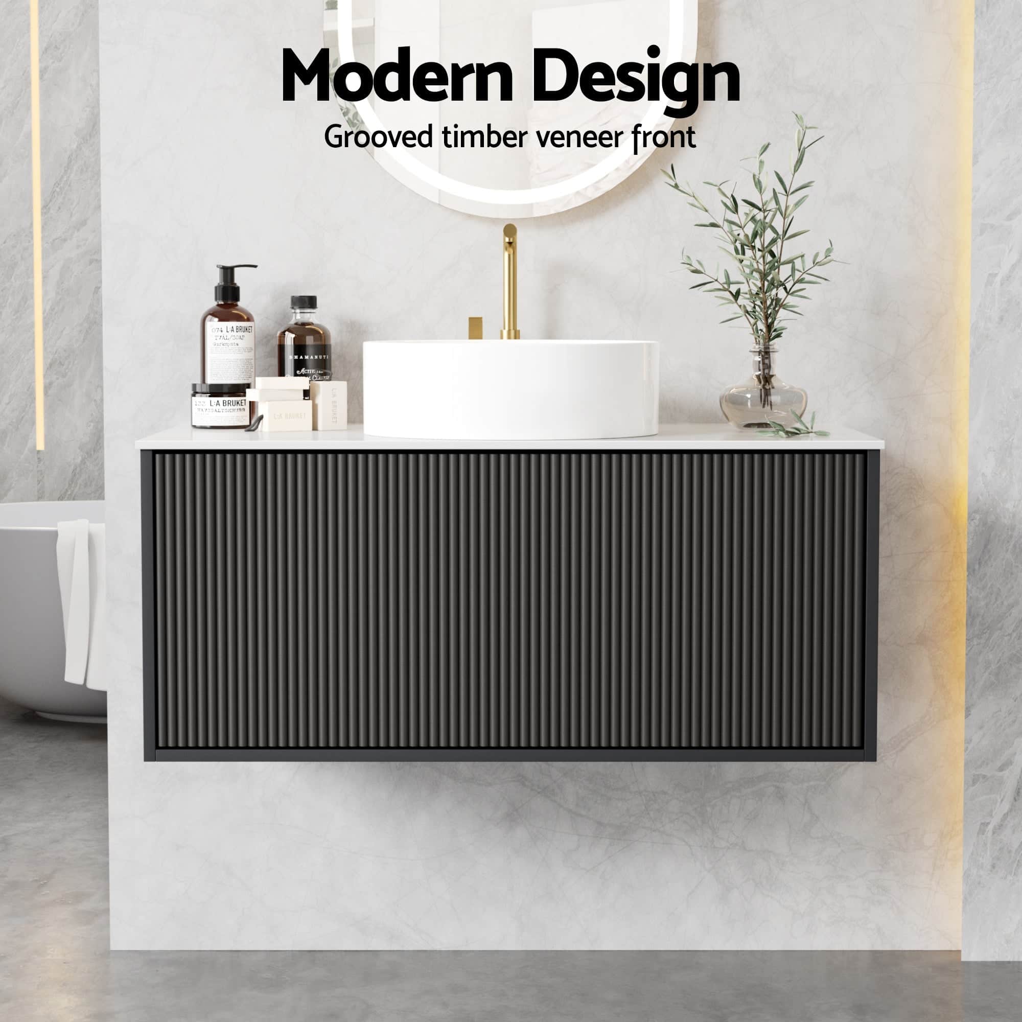 Vanity Unit 900Mm Bathroom Cabinet Storage Wall Hung Grooved Timber