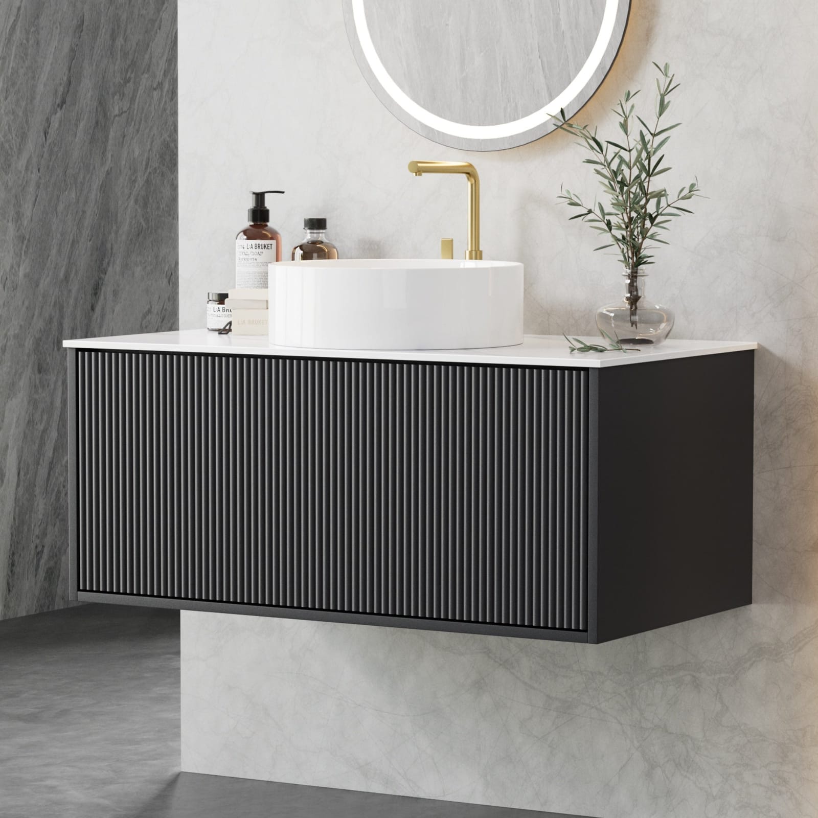 Vanity Unit 900Mm Bathroom Cabinet Storage Wall Hung Grooved Timber - 900Mm