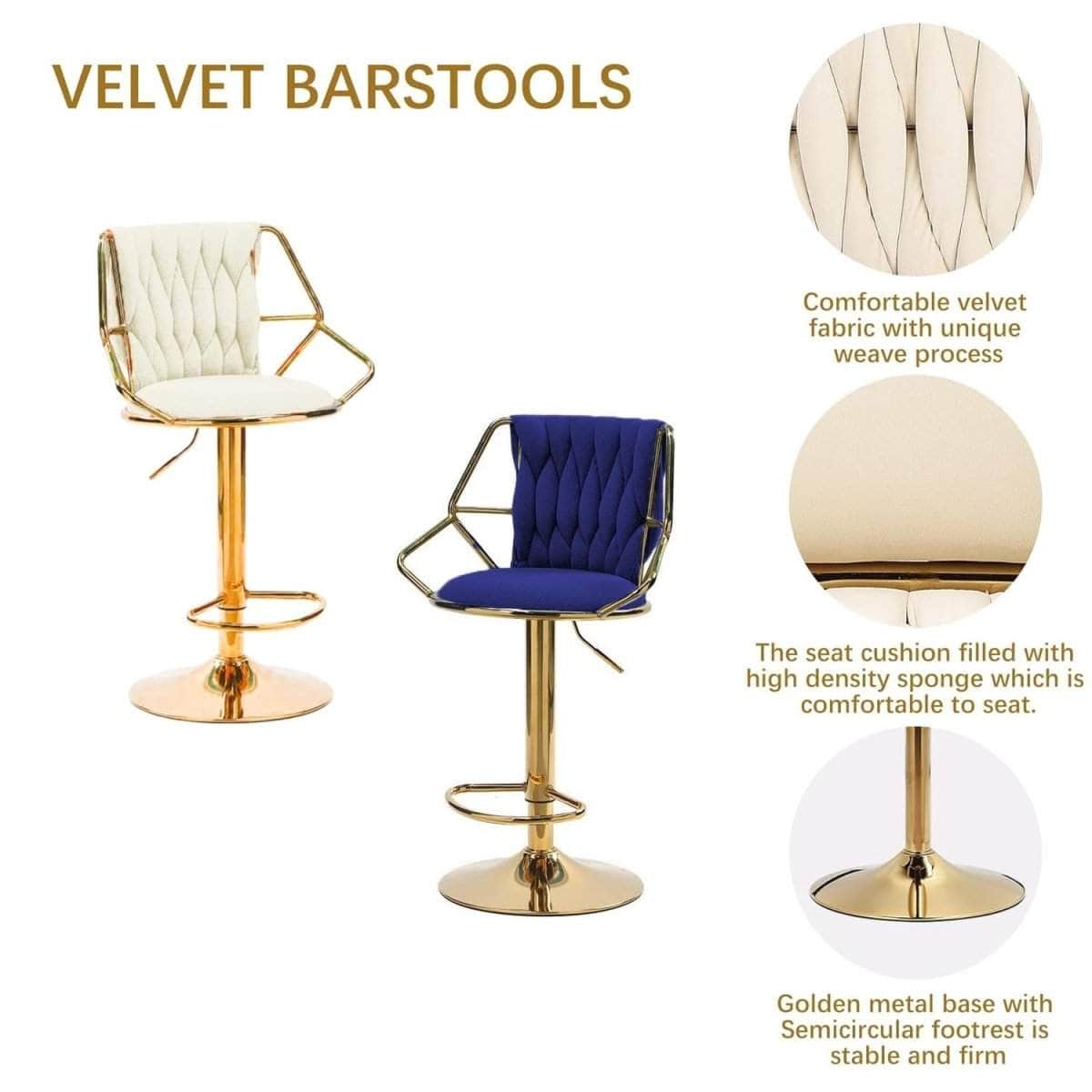 Velvet Bar Stools - Gold Base, Padded & Elegant (Set of 2)