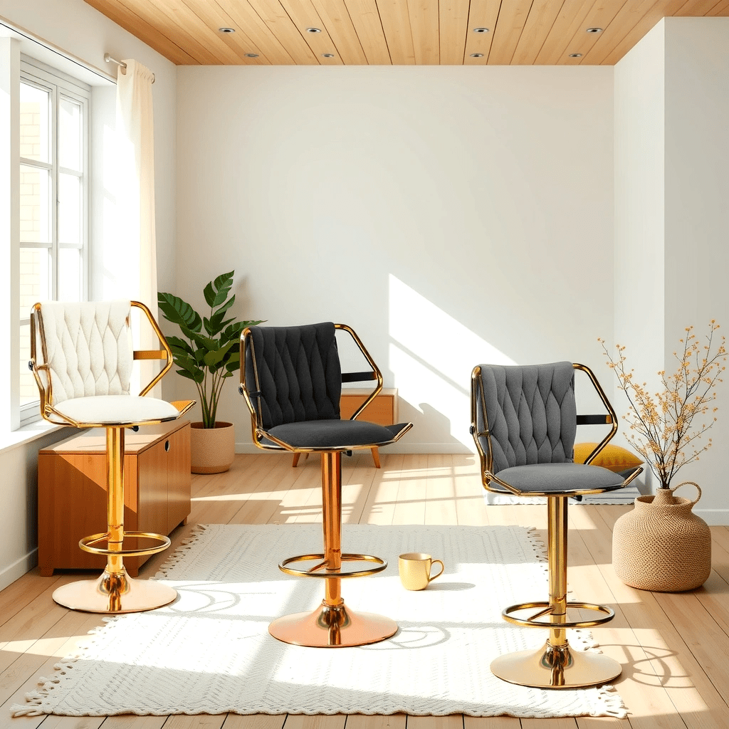 Velvet Bar Stools - Gold Base, Padded & Elegant (Set of 2)
