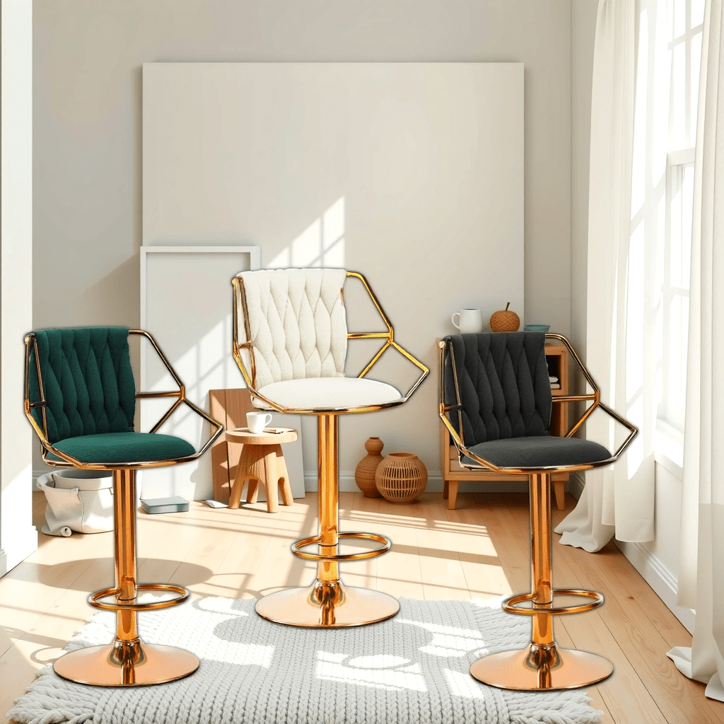 Velvet Bar Stools - Gold Base, Padded & Elegant (Set of 2)