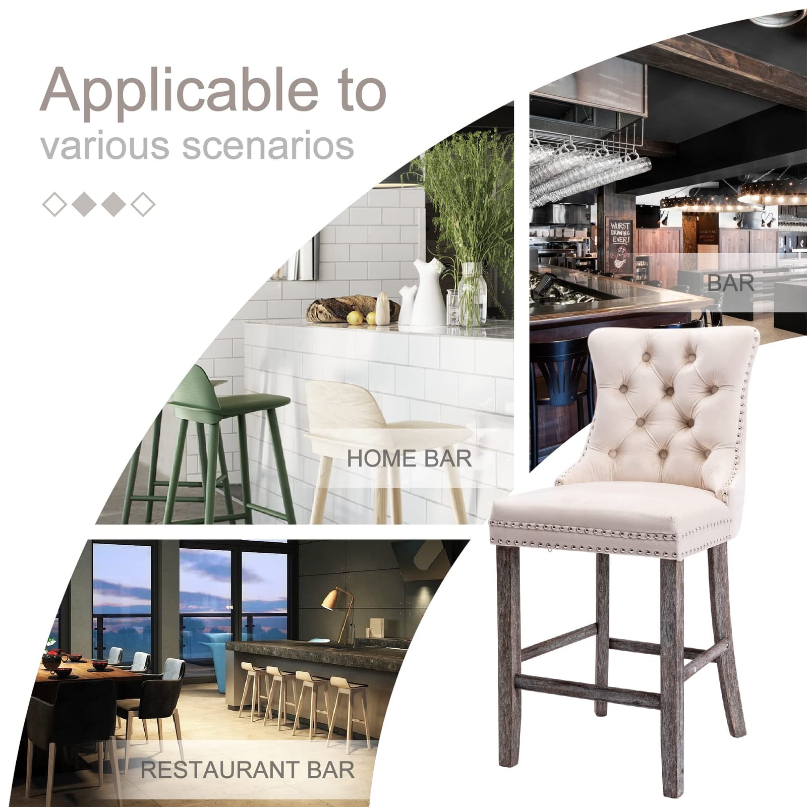 4X Velvet Bar Stools With Studs Trim Wooden Legs Tufted Dining Chairs with 395fp - photo 17