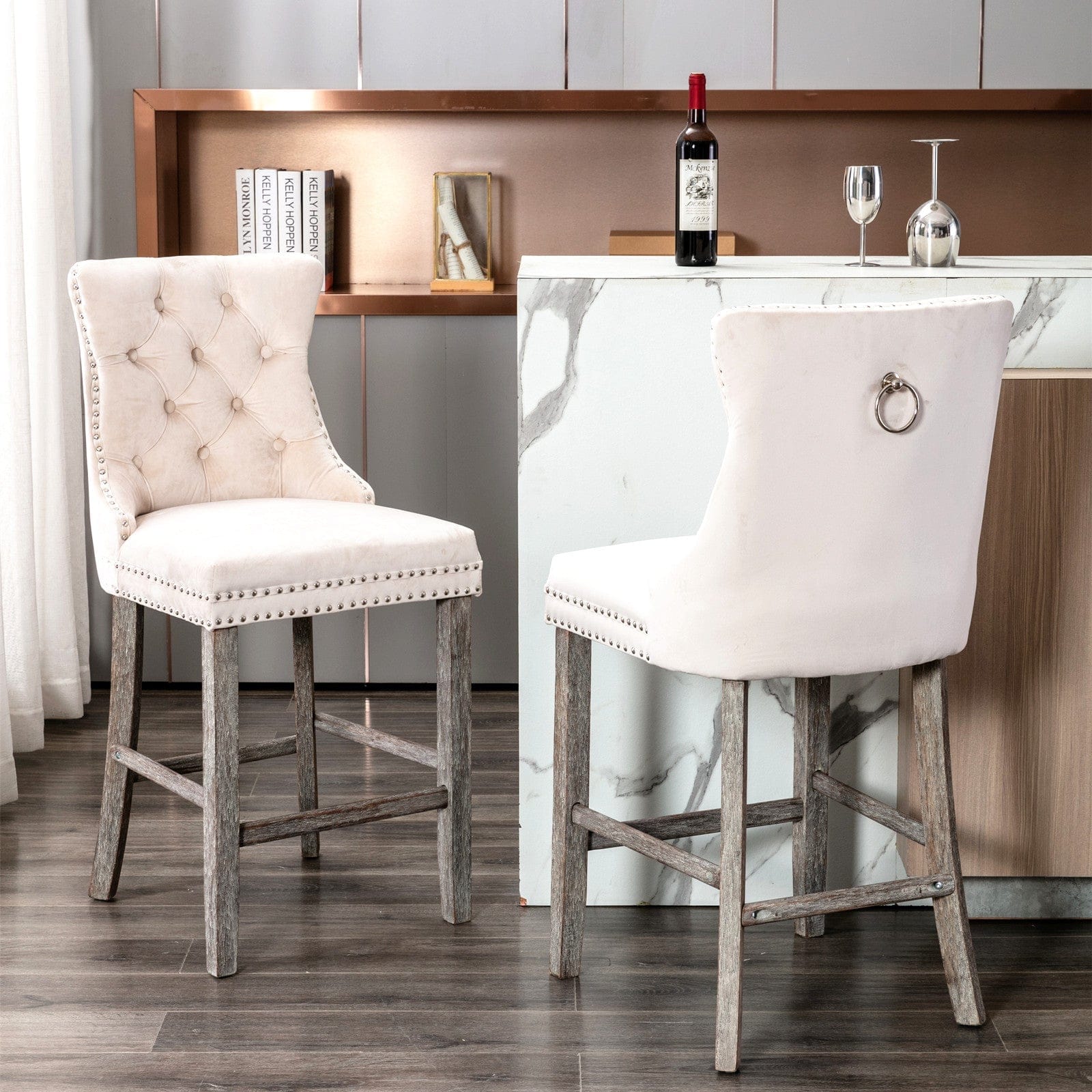 4X Velvet Bar Stools With Studs Trim Wooden Legs Tufted Dining Chairs with Velvet finish - photo 18