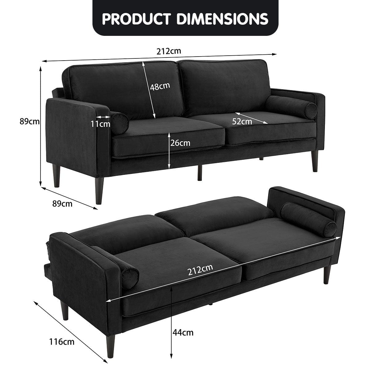 Velvet Sofa Bed Couch Furniture Lounge Suite - Black
