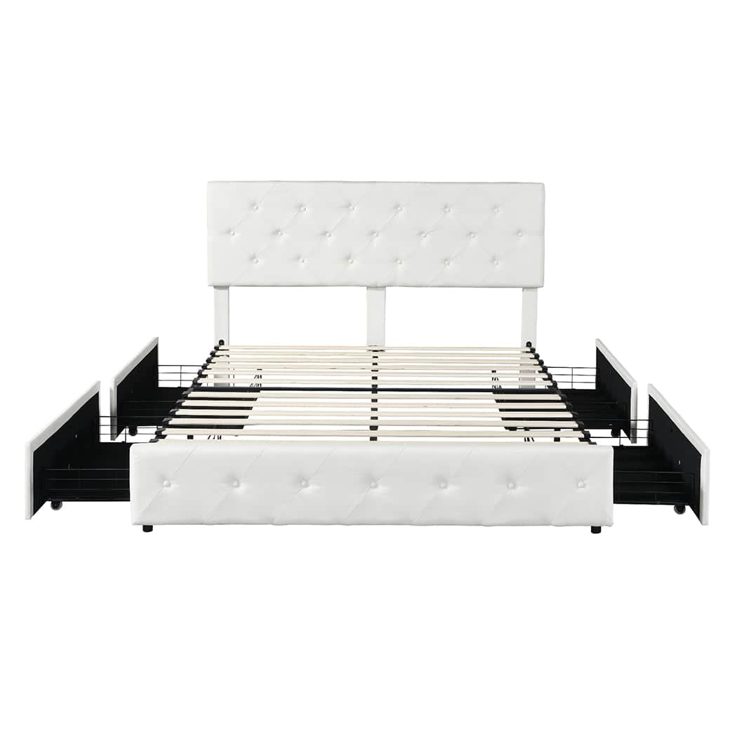 Versatile Queen Bed Frame Tufted 4 Drawer  Wood Finish Classic