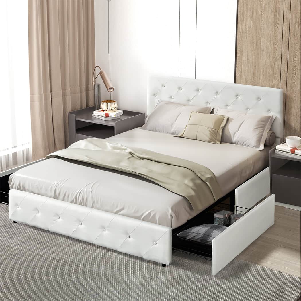 Versatile Queen Bed Frame Tufted 4 Drawer  Wood Finish Classic