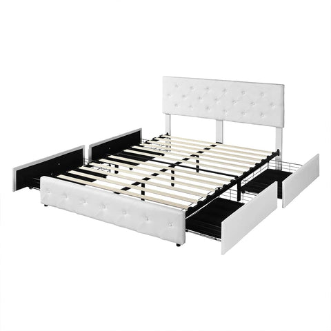 Versatile Queen Bed Frame Tufted 4 Drawer  Wood Finish Classic