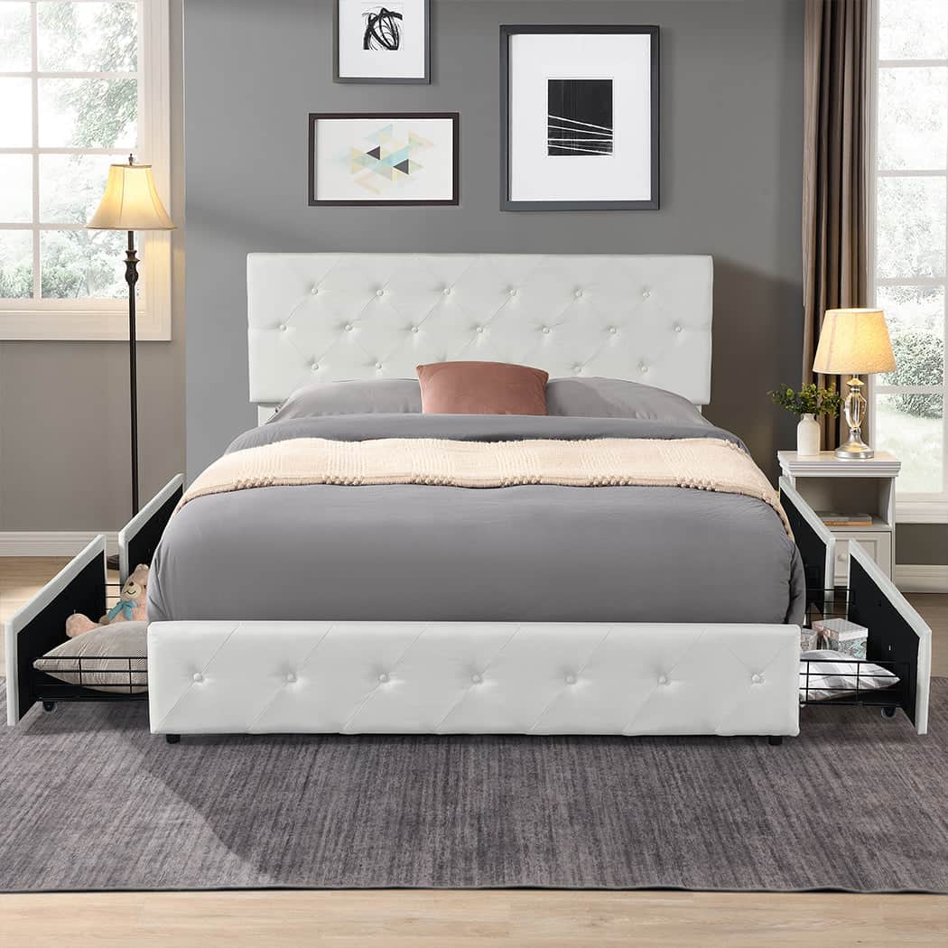 Versatile Queen Bed Frame Tufted 4 Drawer  Wood Finish Classic