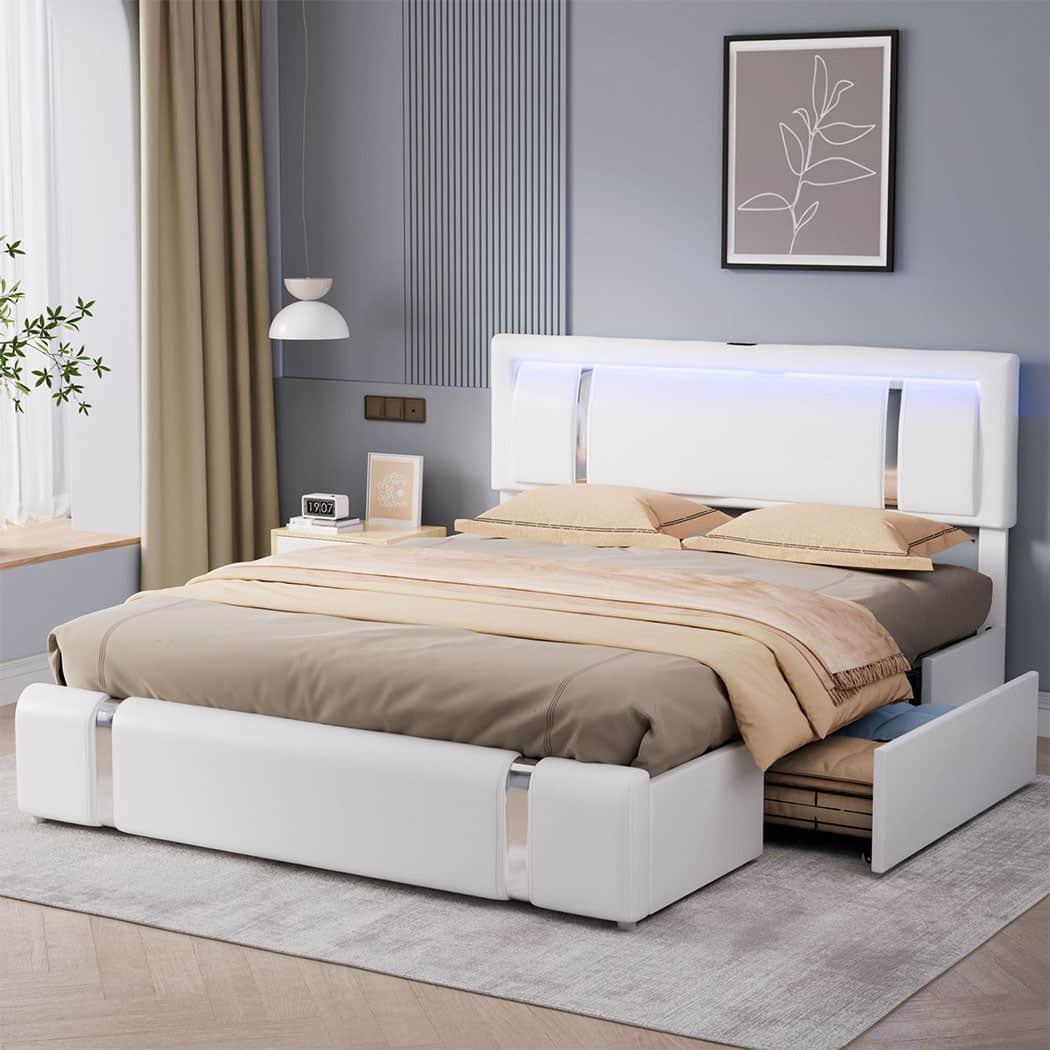 Versatile Queen Bed Frame With Adjustable Headboard White  Classic