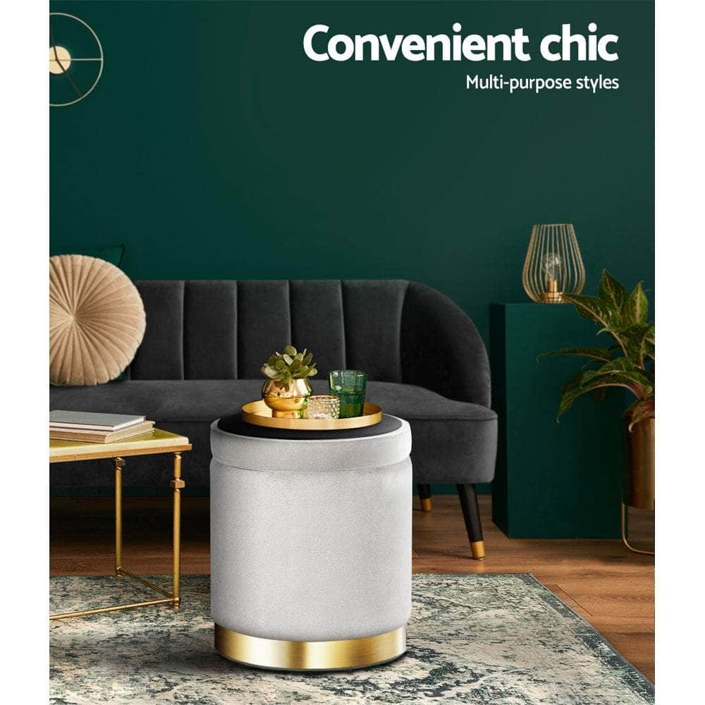 Versatile Round Velvet Ottoman Storage - Grey - Grey colour