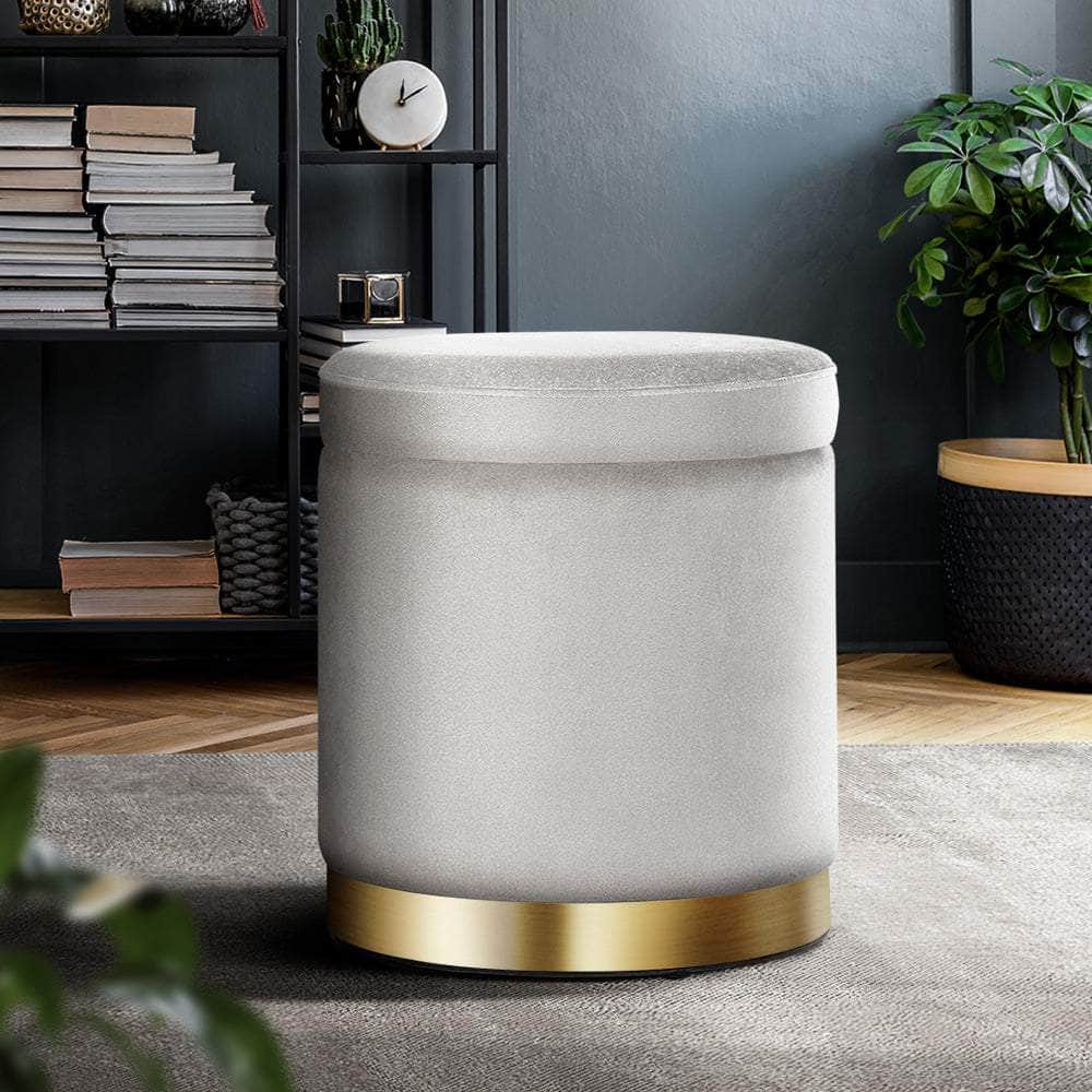 Versatile Round Velvet Ottoman Storage - Grey - Velvet finish