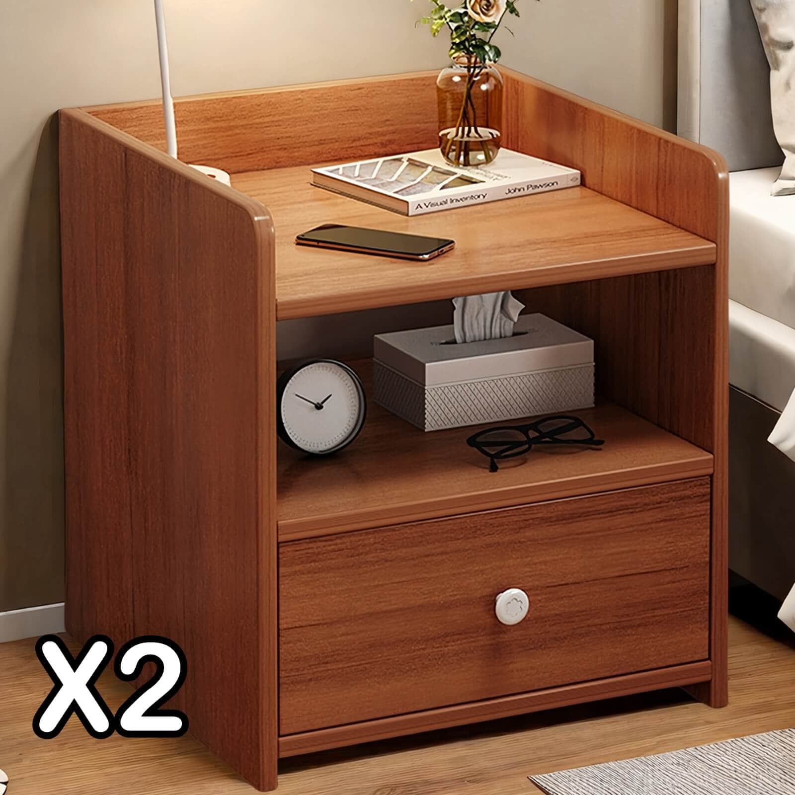 Vintage Bedside Table Walnut Raised Tray Open Shelf Drawer White Knob 48cm
