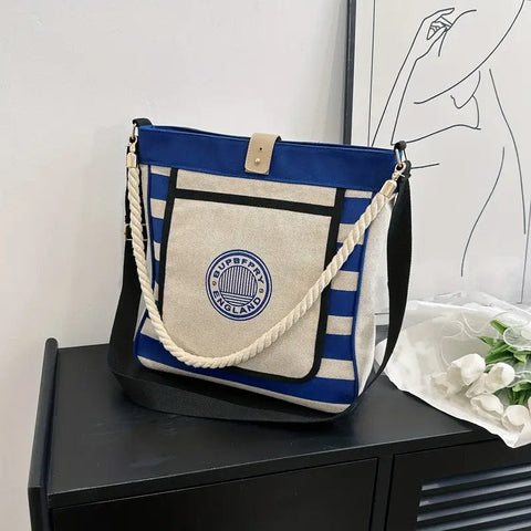 Vintage-Inspired: Strips Letter Print Tote Bag for Stylish and Functional Retro Appeal