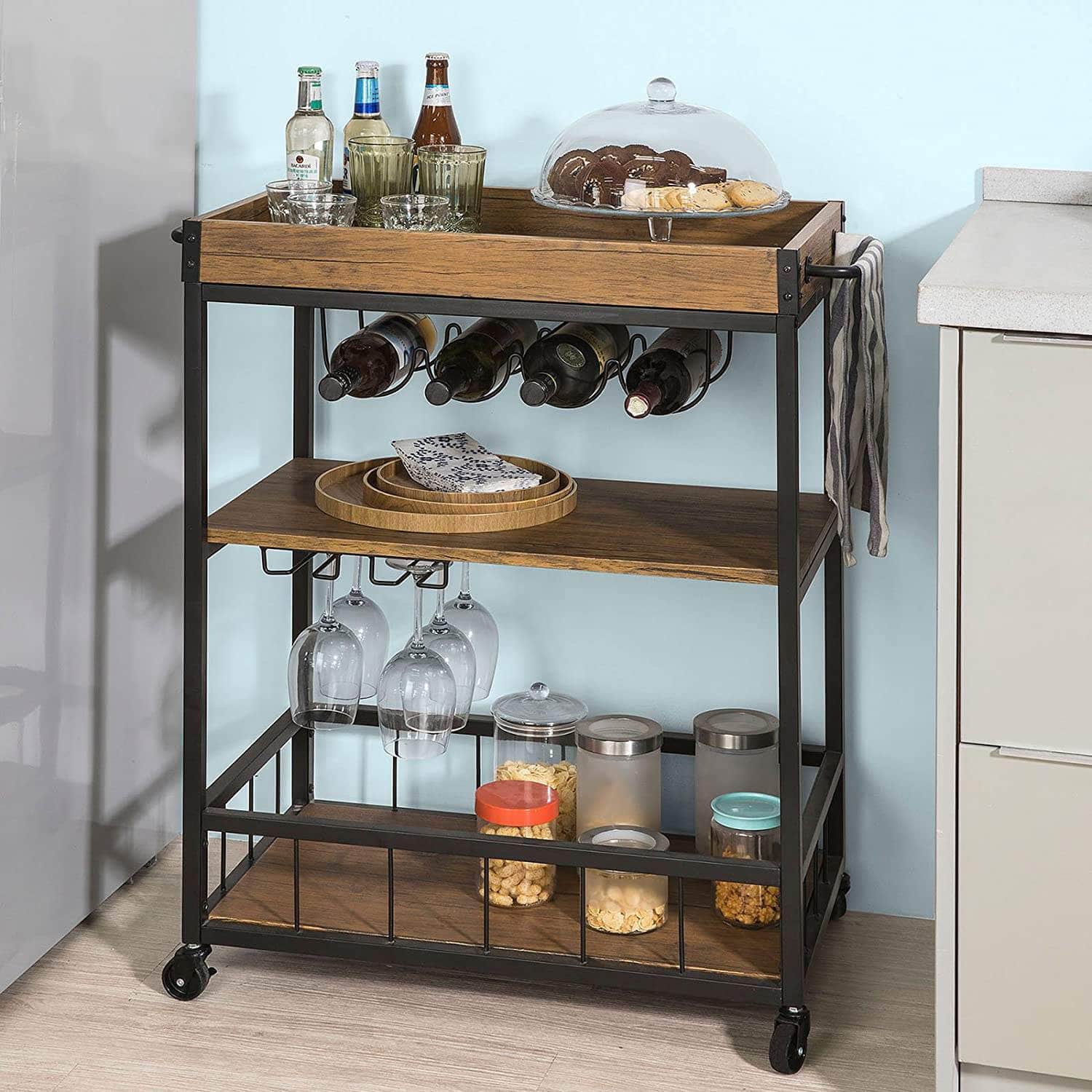 Vintage Style Wood Metal 3 Tiers Kitchen Serving Trolley with Wine Rack (Brown)