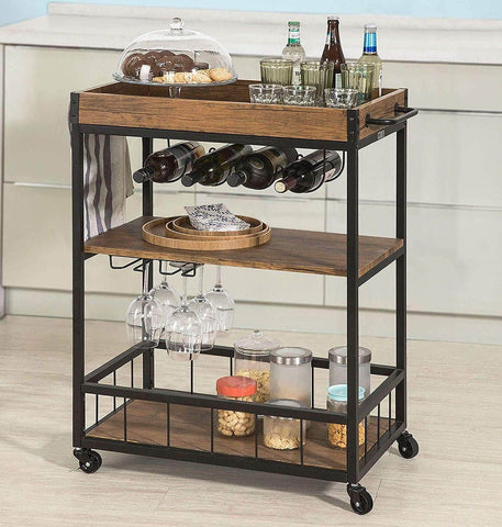 Vintage Style Wood Metal 3 Tiers Kitchen Serving Trolley with Wine Rack (Brown)
