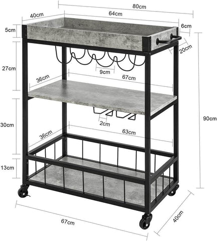 Industrial Vintage Style Wood Metal 3 Tiers Kitchen Serving Trolley(Grey)