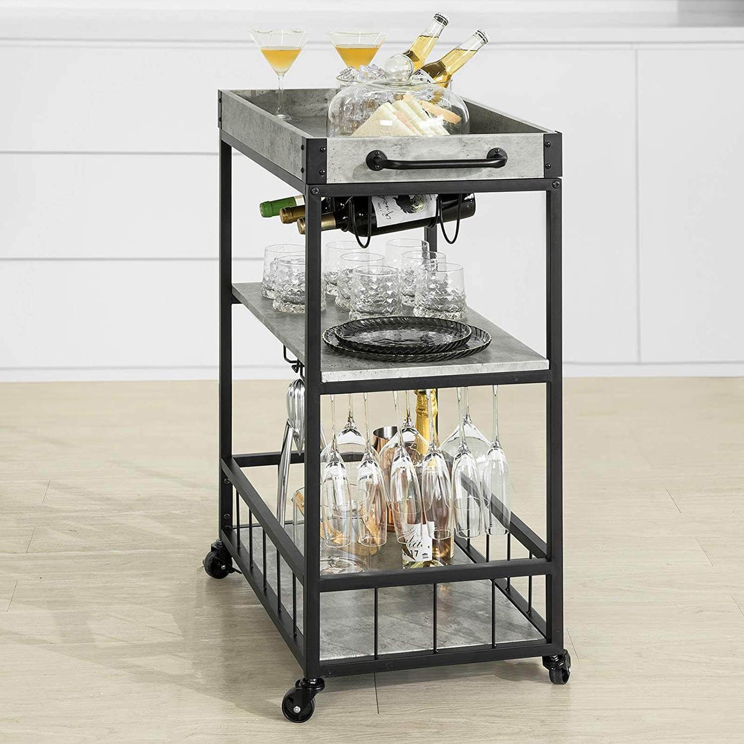 Vintage Style Wood Metal 3 Tiers Kitchen Serving Trolley with Wine Rack (Grey)