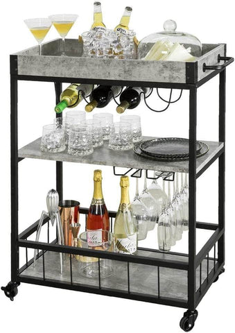 Vintage Style Wood Metal 3 Tiers Kitchen Serving Trolley with Wine Rack (Grey)