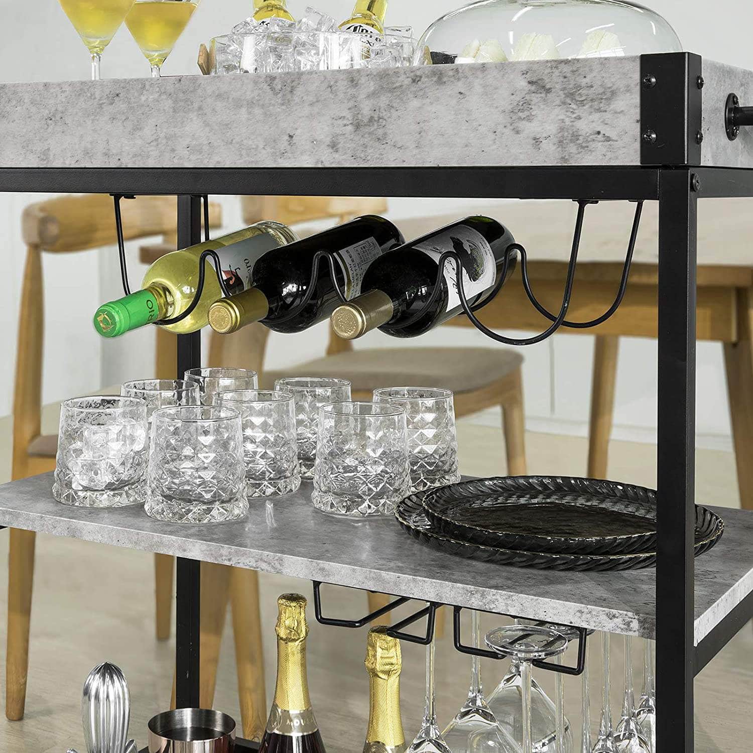 Vintage Style Wood Metal 3 Tiers Kitchen Serving Trolley with Wine Rack (Grey)
