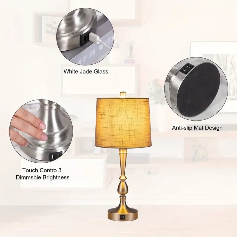 Vintage Touch Control Table Lamp Set with Linen Fabric Lampshade and Resin Body for Bedroom and Living Room - 2pcs Included