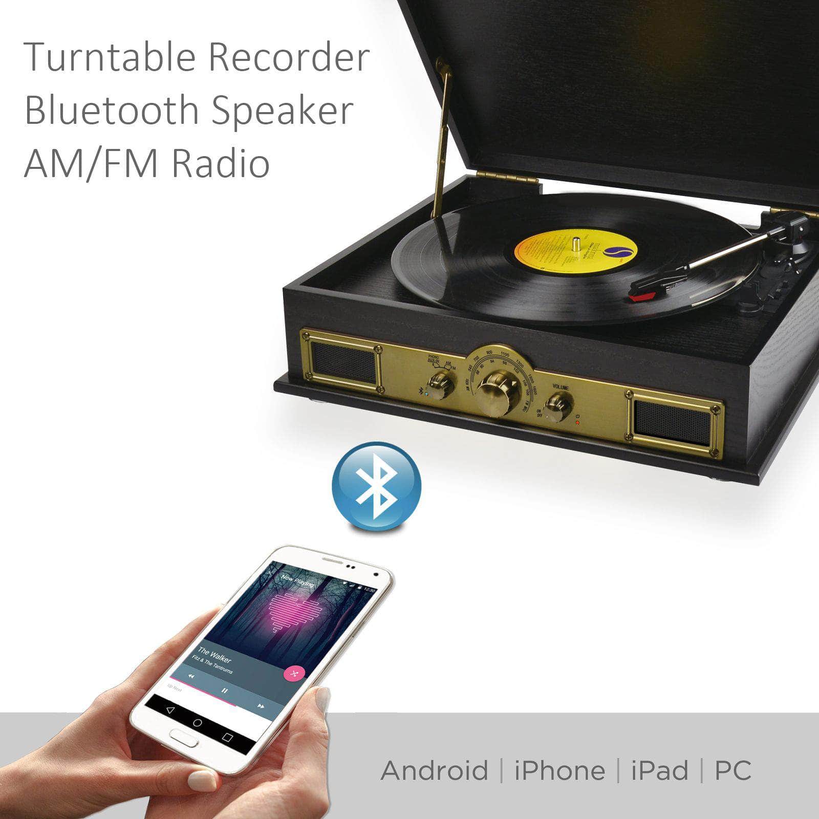 Vintage Wood Turntable with Bluetooth Speaker, AM/FM Radio