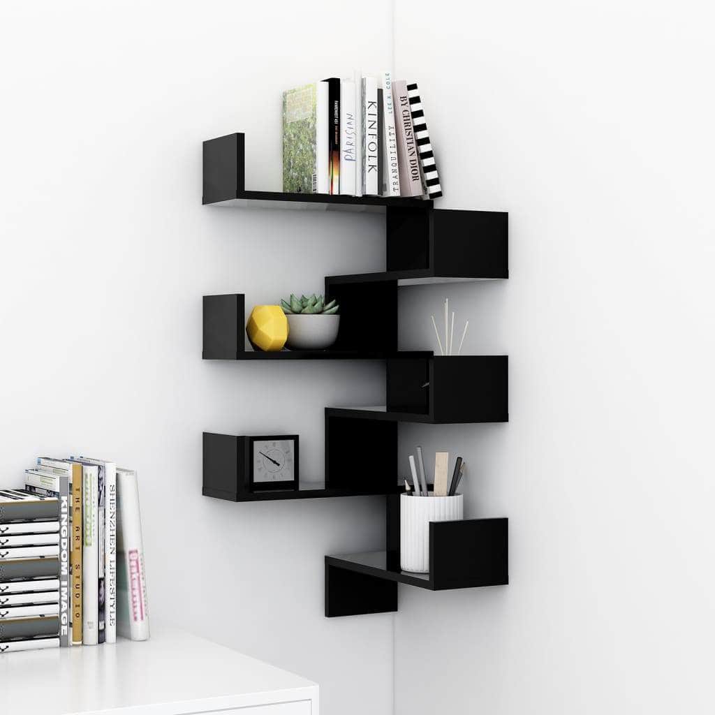 Wall Corner Shelves 2 pcs Black Engineered Wood | Black colour