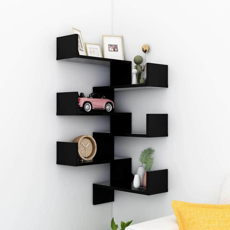 Wall Corner Shelves 2 pcs Black Engineered Wood, Black colour