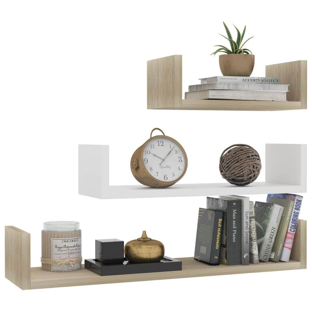Wall Display Shelf 3 pcs White and Sonoma Oak Chipboard | White colour