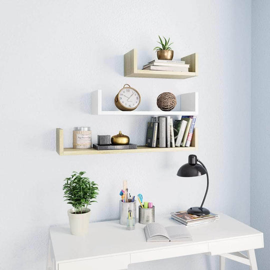 Wall Display Shelf 3 pcs White and Sonoma Oak Chipboard