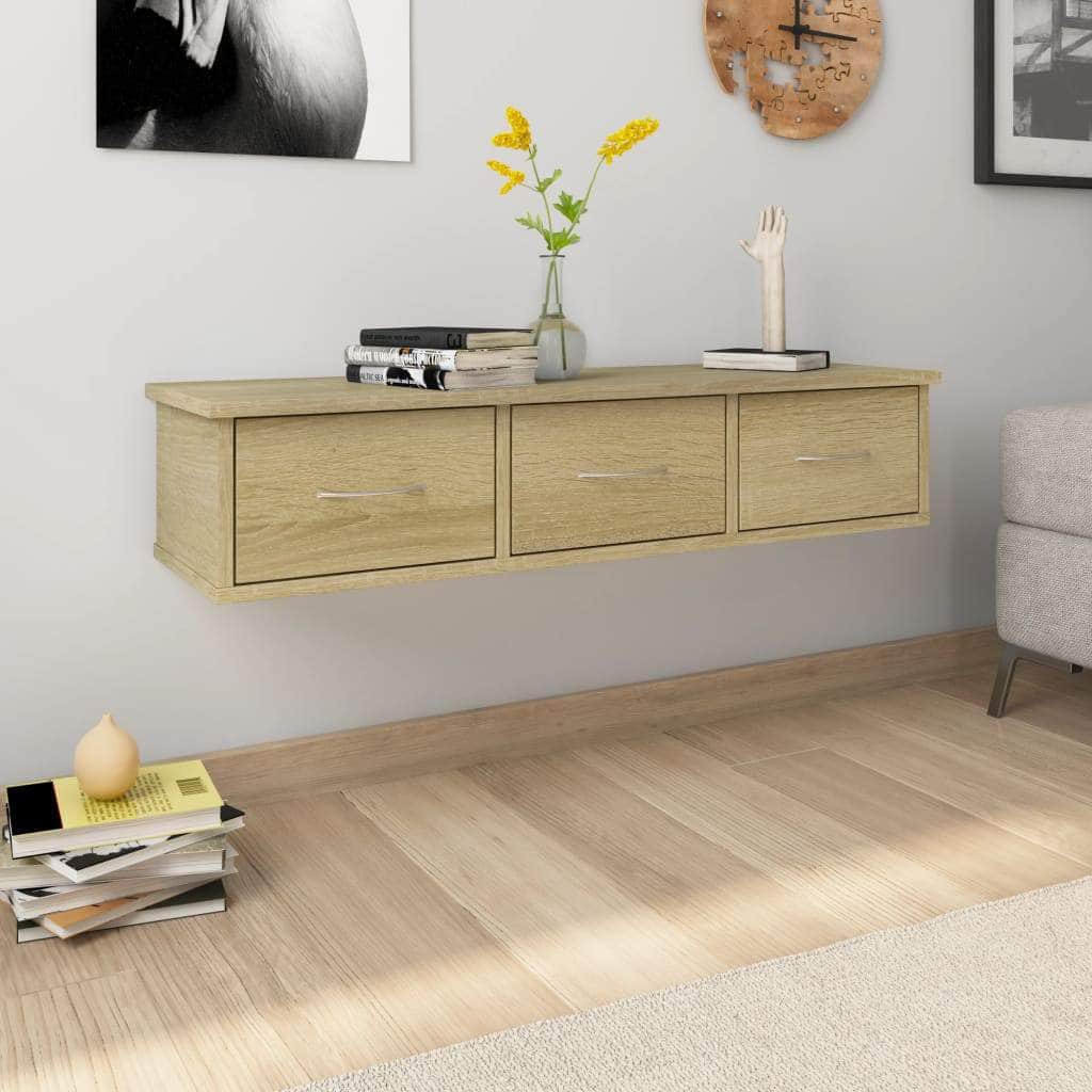 Wall-mounted floating shelf with 3 Drawers Sonoma Oak
