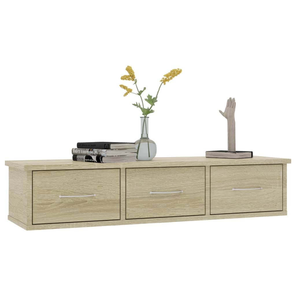 Wall Mounted Floating Shelf with 3 Drawers Storage Unit Sonoma Oak Cabinet | Oak colour