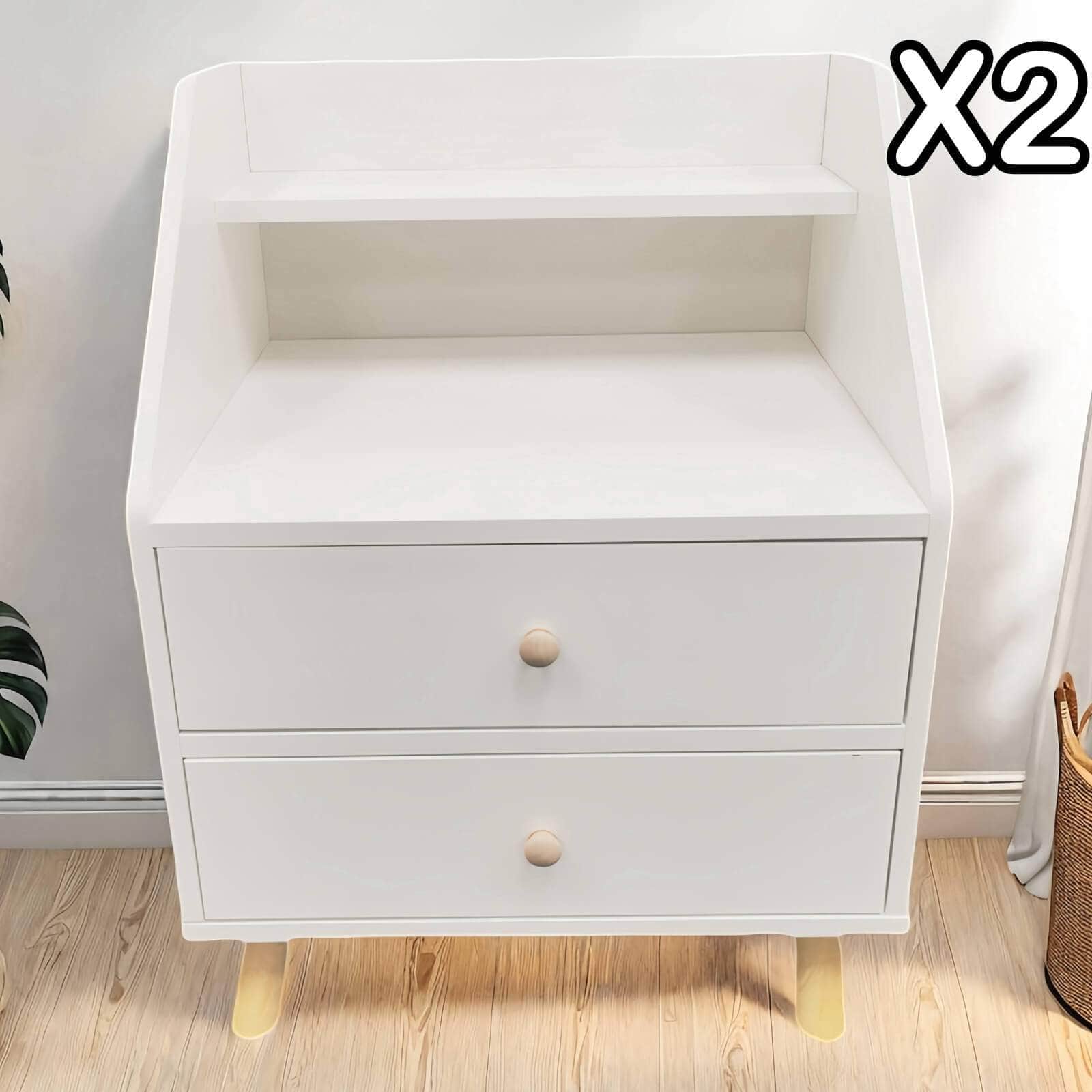 Warm White Nightstand Wooden Legs Knobs Open Storage Two Drawers Modern Design