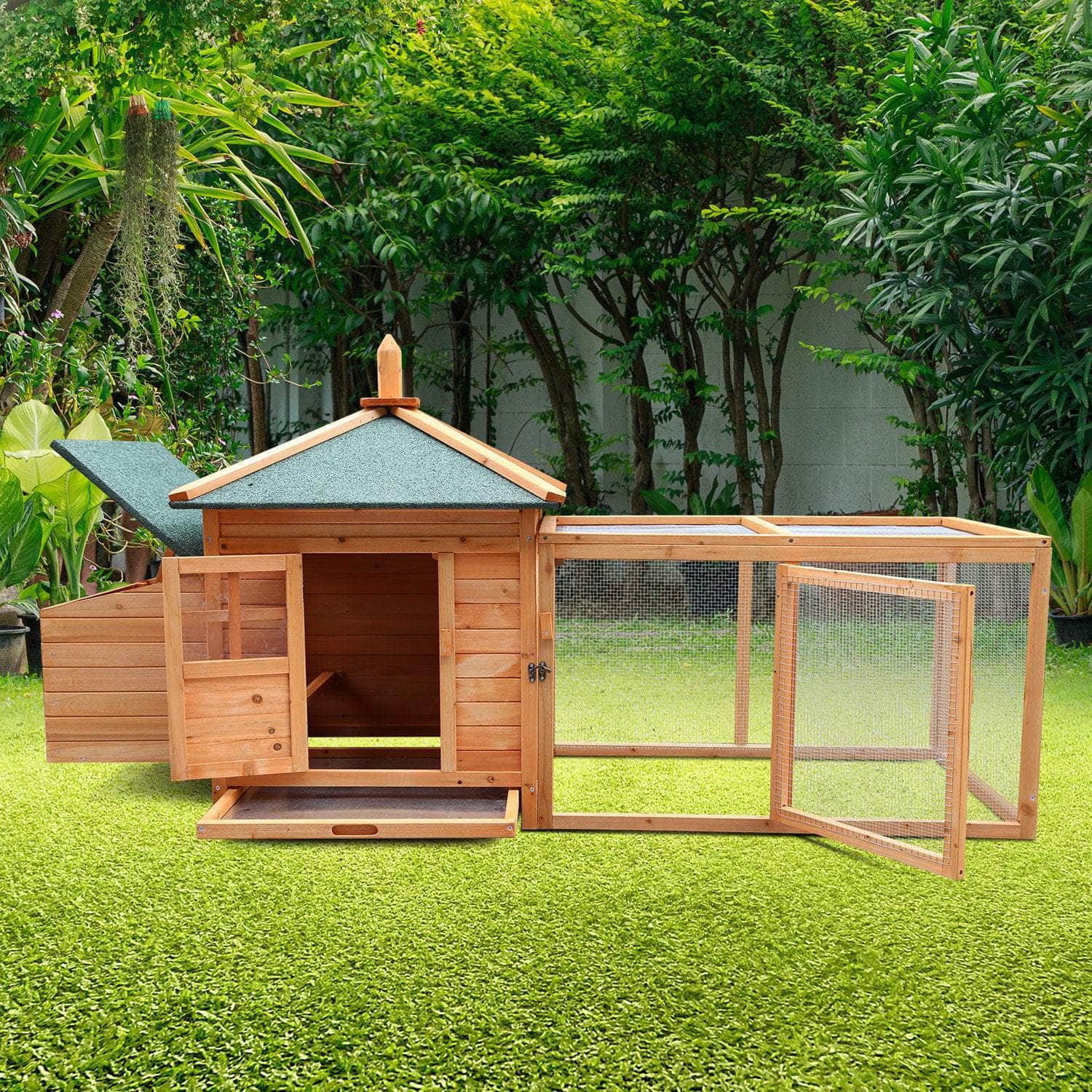 Wooden Chicken Coop Rabbit Hutch with Nesting Box - Fir Wood, Wooden finish