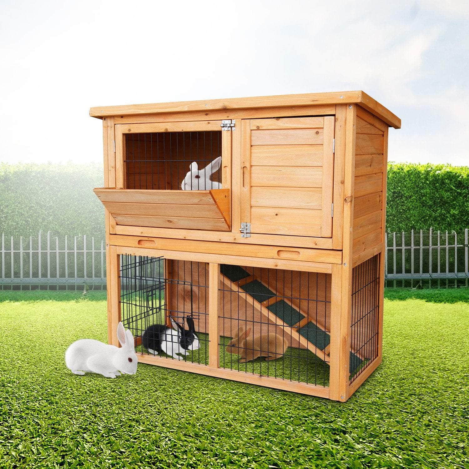 2-Storey Wooden Chicken Coop & Rabbit Hutch With Trough, living > pets