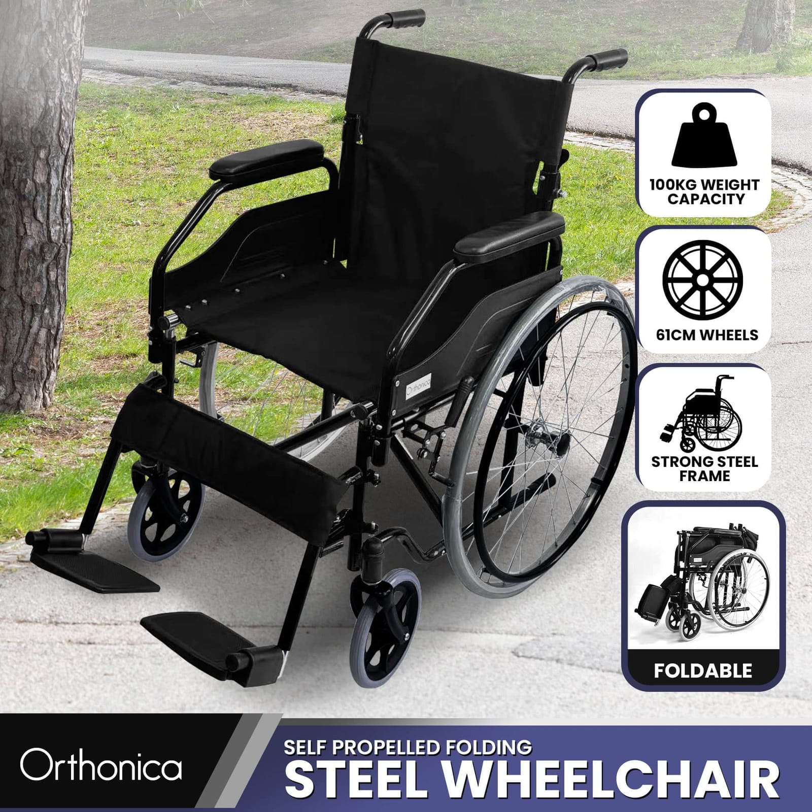 Steel finish - Black 24in Self-Propelled Foldable Steel Wheelchair for Mobility