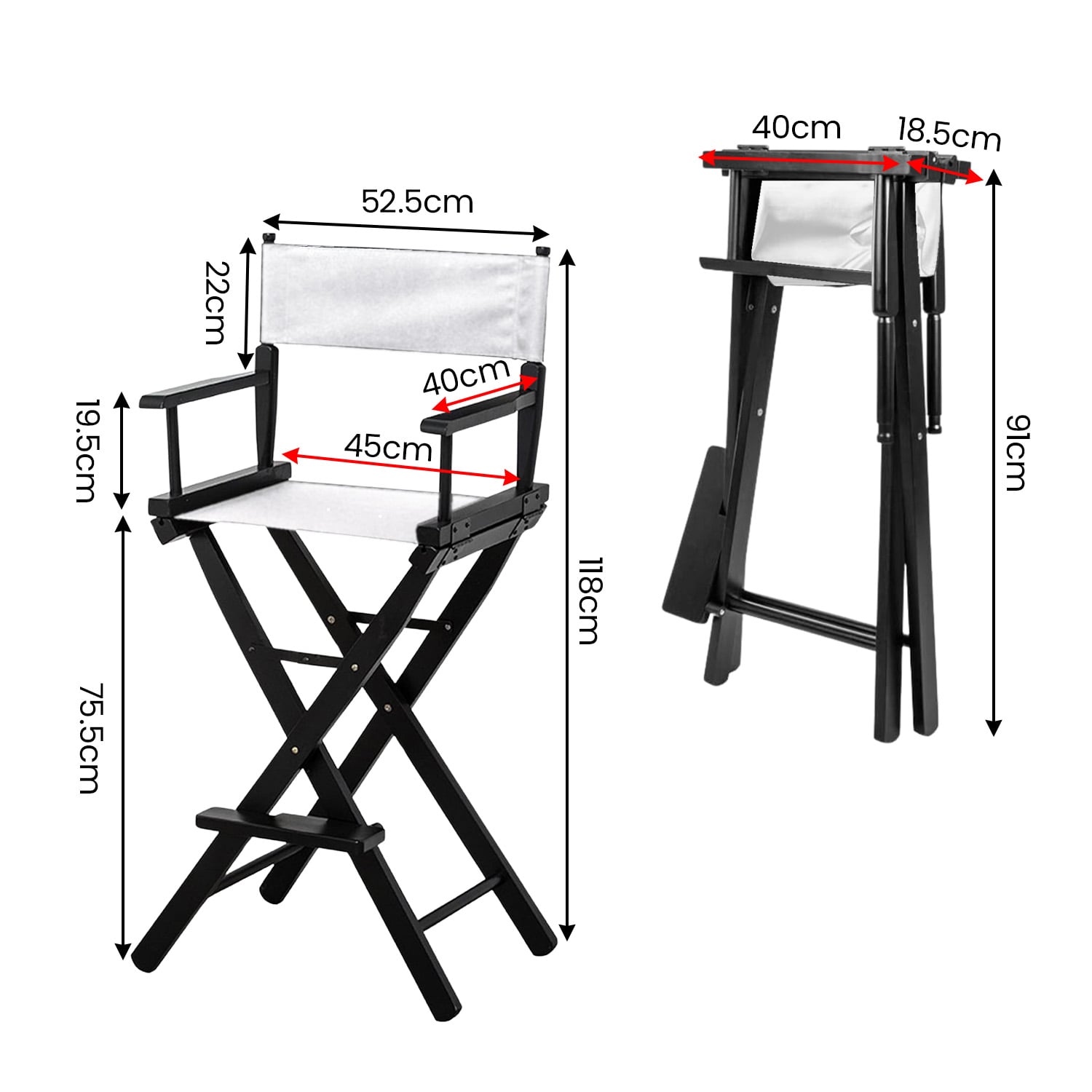 Tall Director Chair White Canvas 45x52.5x118cm