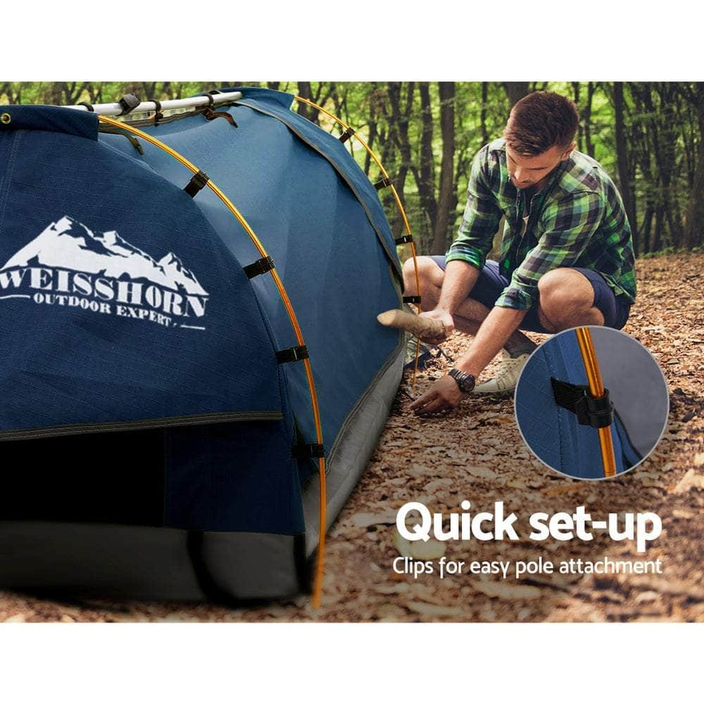 Weisshorn Double Swag Camping Swags Canvas Free Standing Dome Tent Dark Blue with 7CM Mattress