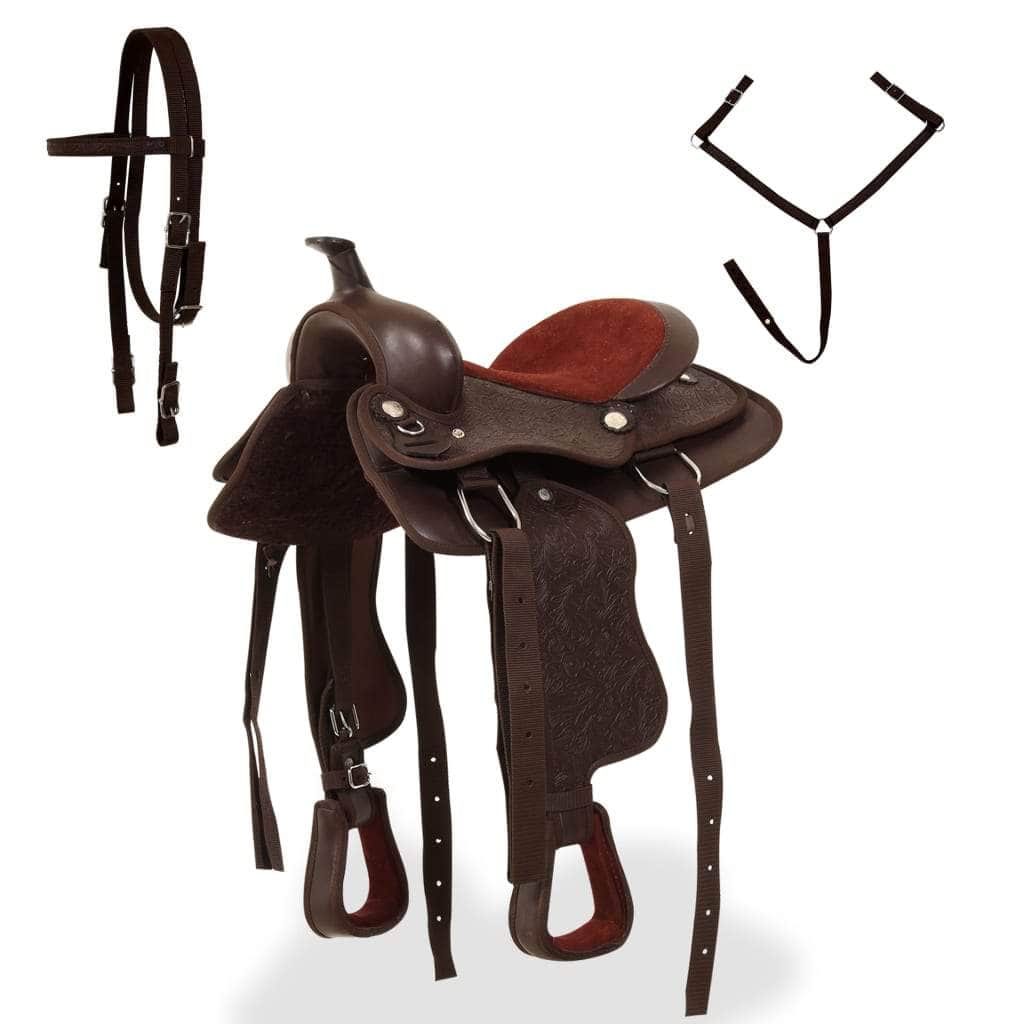 Western Saddle, Headstall&Breast Collar Real Leather 12" Brown