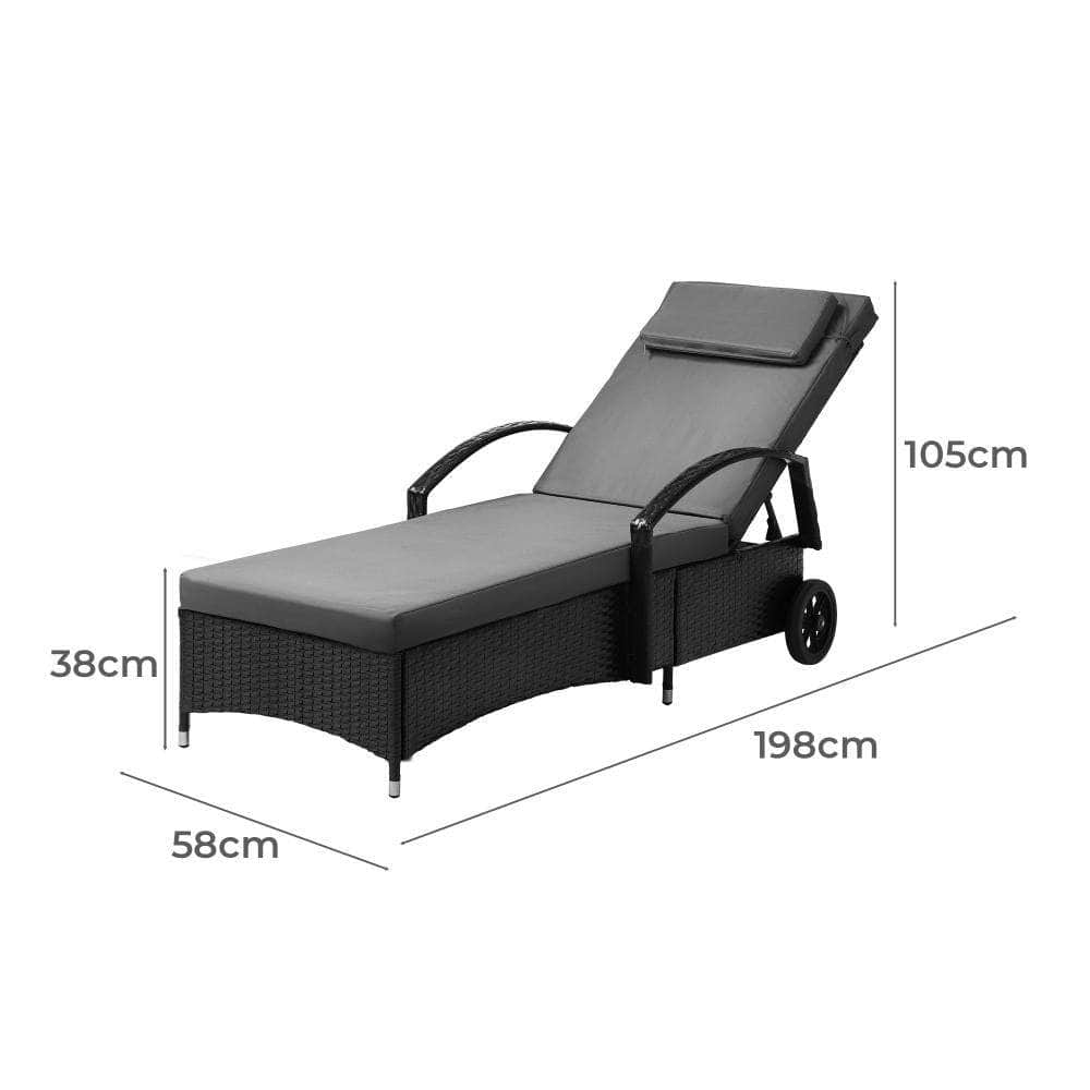 Wheeled Sun Lounger Day Bed Outdoor Setting Patio Furniture Black