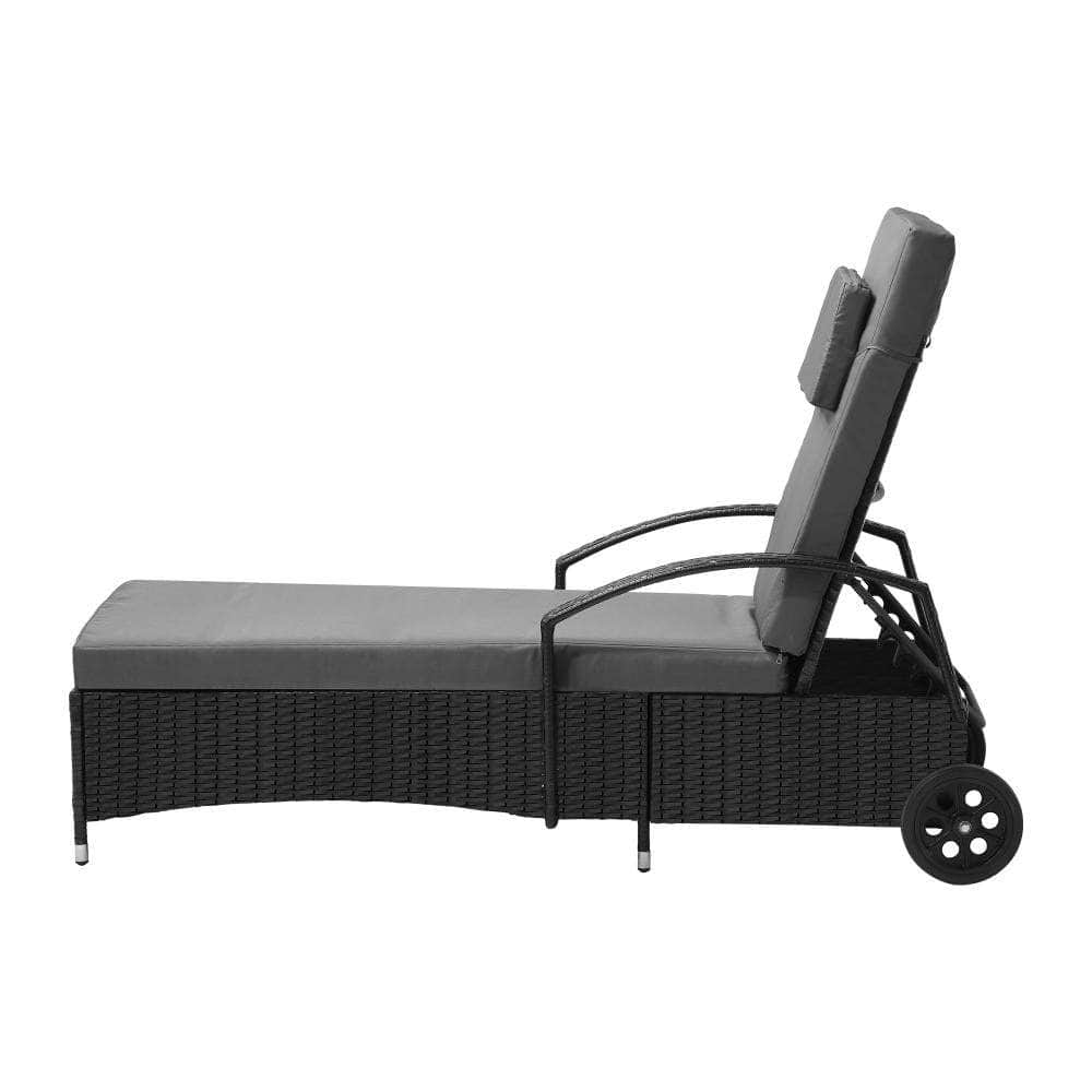 Wheeled Sun Lounger Day Bed Outdoor Setting Patio Furniture Black