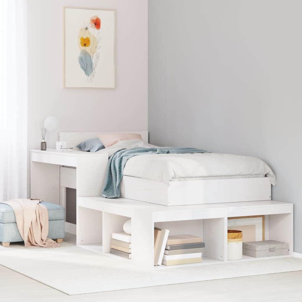White Bedside Cabinet with Desk Solid Pinewood L-Shaped Storage Unit