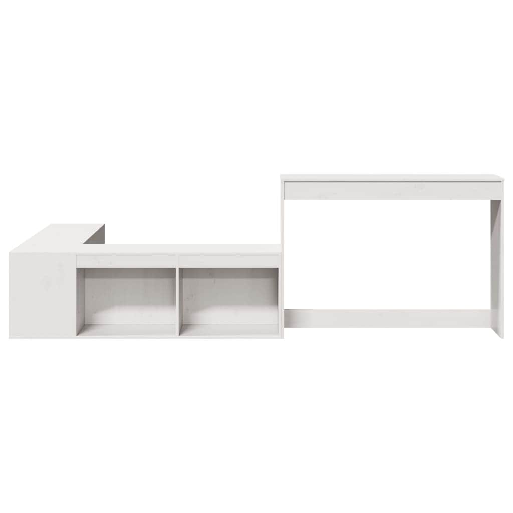 White Bedside Cabinet with Desk Solid Pinewood L-Shaped Storage Unit
