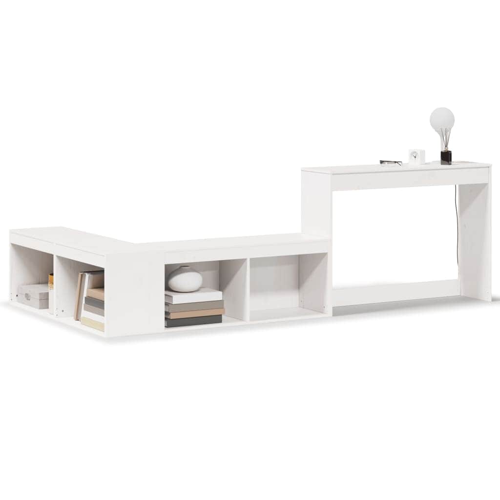 White Bedside Cabinet with Desk Solid Pinewood L-Shaped Storage Unit