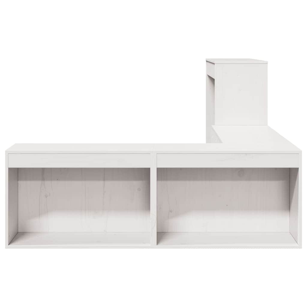White Bedside Cabinet with Desk Solid Pinewood L-Shaped Storage Unit