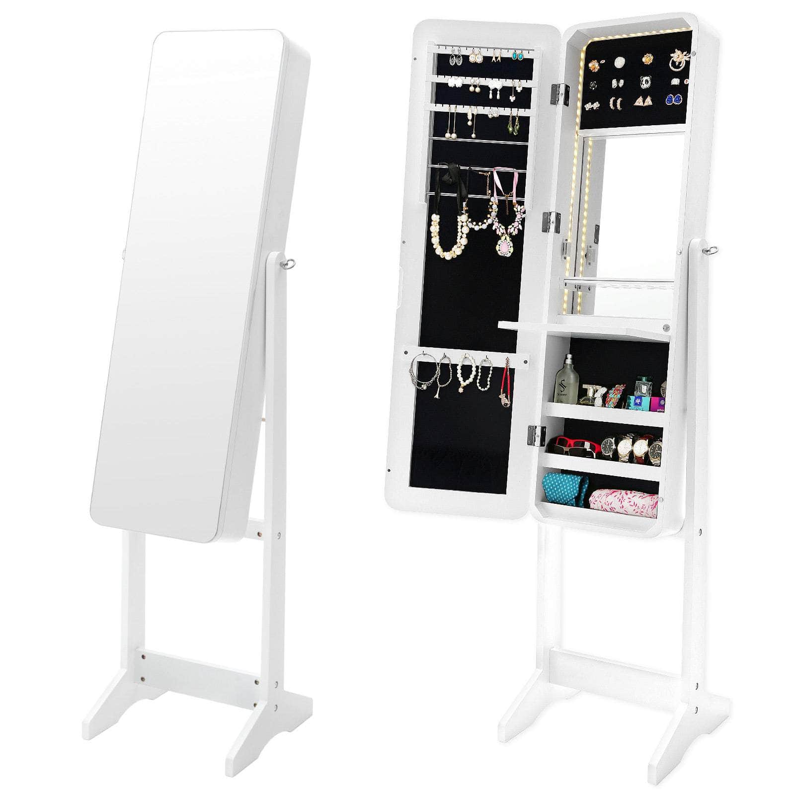White/Black Mirror Jewellery Cabinet Flashy 146Cm Organiser Led