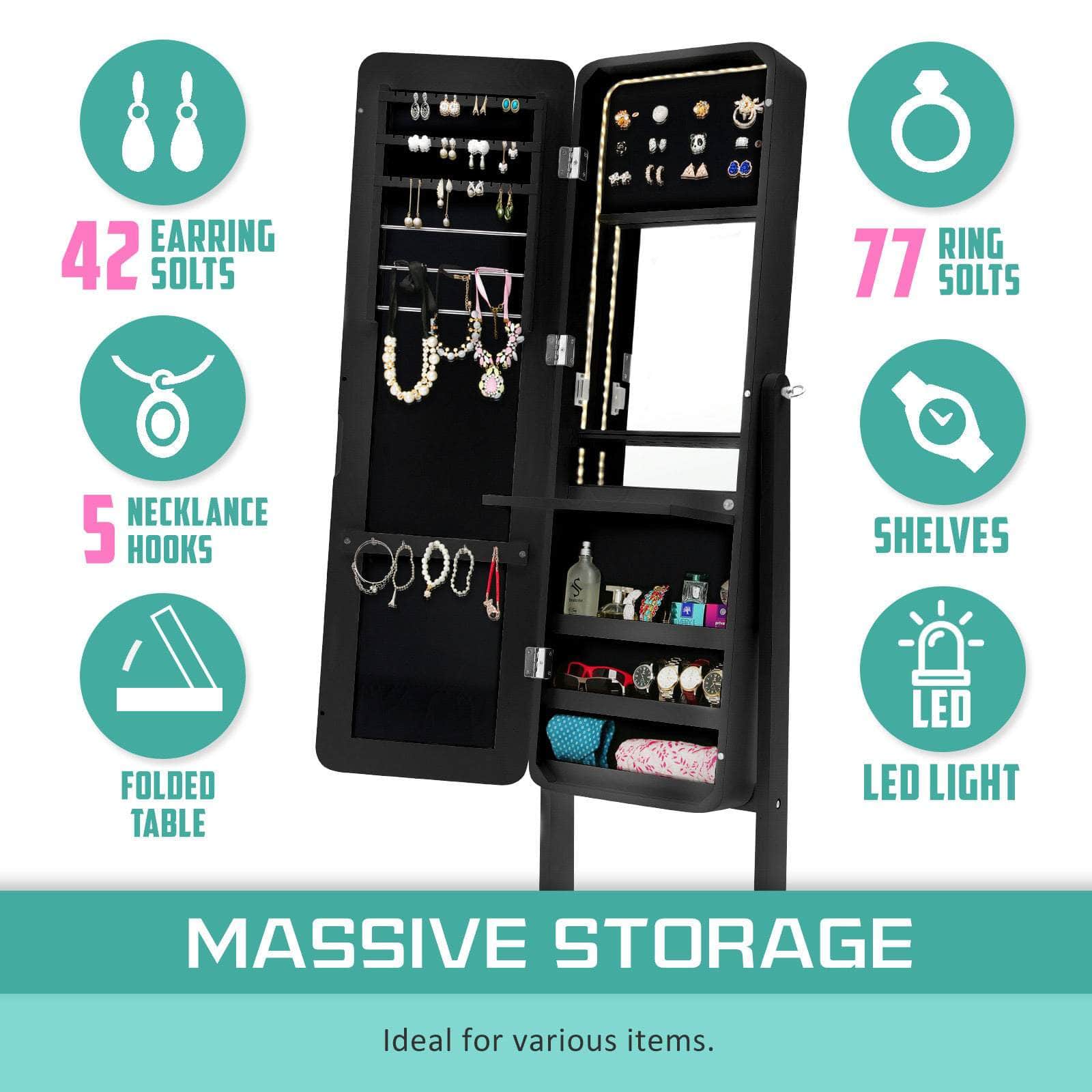 White/Black Mirror Jewellery Cabinet Flashy 146Cm Organiser Led